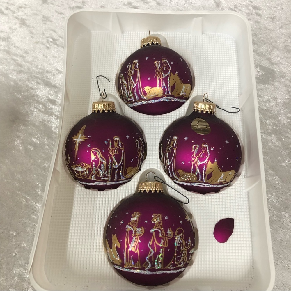 Christmas by Krebs glass nativity scene purple gold set of 4 ornaments-Flawed